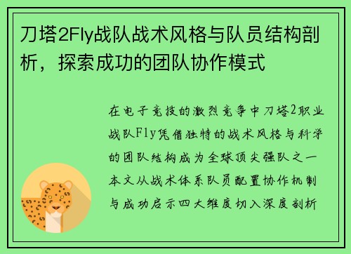 刀塔2Fly战队战术风格与队员结构剖析，探索成功的团队协作模式