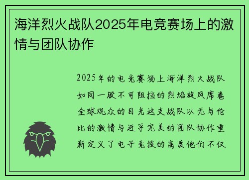 海洋烈火战队2025年电竞赛场上的激情与团队协作