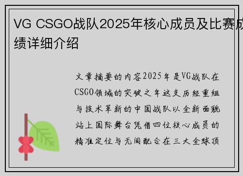 VG CSGO战队2025年核心成员及比赛成绩详细介绍