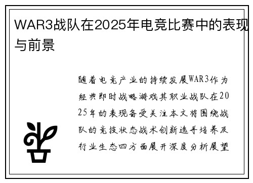 WAR3战队在2025年电竞比赛中的表现与前景